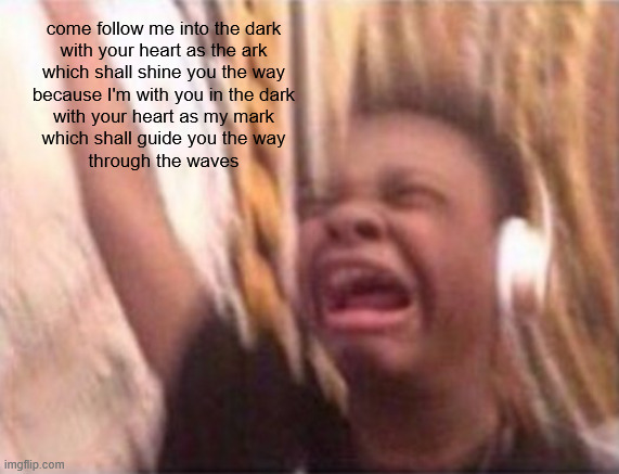 ik it's corny but these lyrics go hard | come follow me into the dark
with your heart as the ark
which shall shine you the way
because I'm with you in the dark
with your heart as my mark
which shall guide you the way
through the waves | made w/ Imgflip meme maker