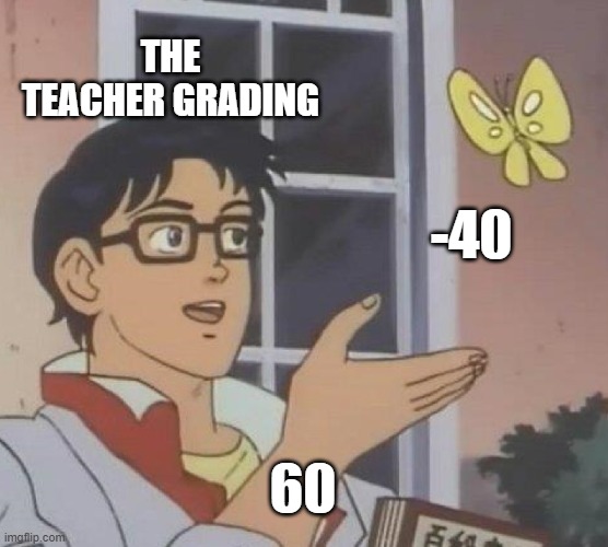 The teacher... | THE TEACHER GRADING; -40; 60 | image tagged in memes,is this a pigeon | made w/ Imgflip meme maker