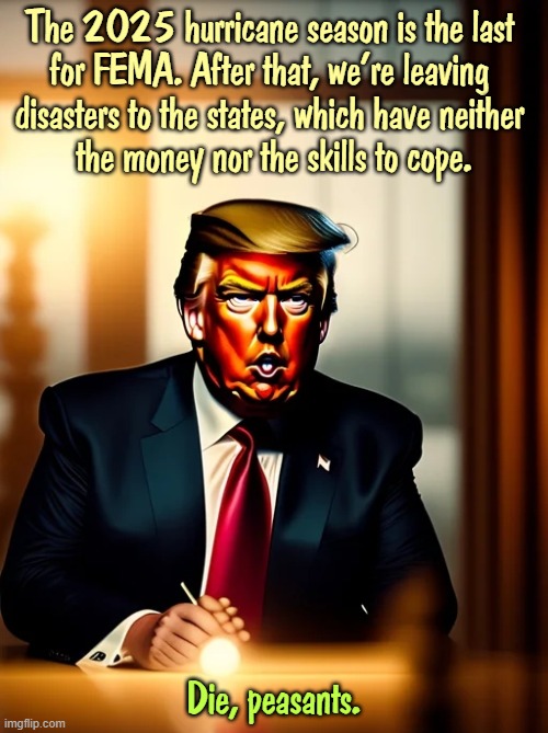 Like he gives a flying. | The 2025 hurricane season is the last 
for FEMA. After that, we're leaving 

disasters to the states, which have neither 
the money nor the skills to cope. Die, peasants. | image tagged in trump,fema,disaster,sadism,greedy,tax cuts for the rich | made w/ Imgflip meme maker