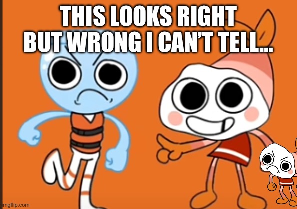 Not even Shrimpo is happy about this in the bottom right corner | THIS LOOKS RIGHT BUT WRONG I CAN’T TELL… | image tagged in face swap,dandy's world | made w/ Imgflip meme maker