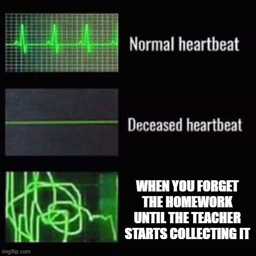 heartbeat rate | WHEN YOU FORGET THE HOMEWORK UNTIL THE TEACHER STARTS COLLECTING IT | image tagged in heartbeat rate | made w/ Imgflip meme maker