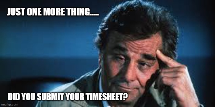 Columbo Timesheet reminder | JUST ONE MORE THING..... DID YOU SUBMIT YOUR TIMESHEET? | image tagged in columbo timesheet reminder,columbo,timesheet reminder,timesheet meme,just one more thing | made w/ Imgflip meme maker