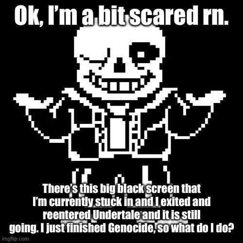 I’m genuinely nervous. | Ok, I’m a bit scared rn. There’s this big black screen that I’m currently stuck in and I exited and reentered Undertale and it is still going. I just finished Genocide, so what do I do? | image tagged in sans undertale | made w/ Imgflip meme maker