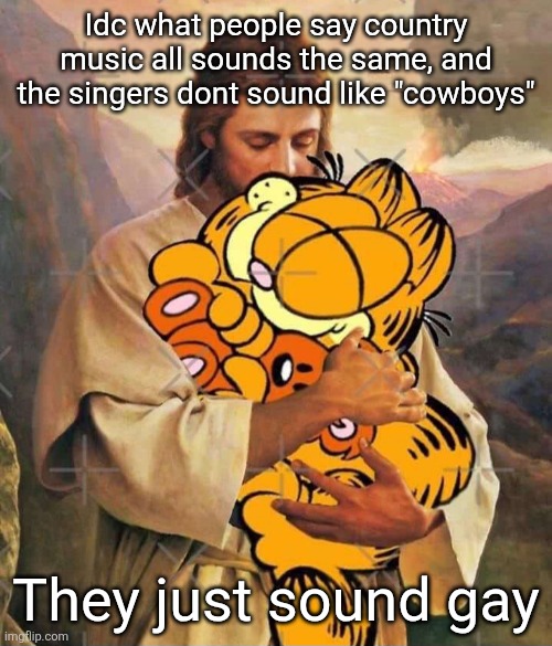 Jesus and Garfield | Idc what people say country music all sounds the same, and the singers dont sound like "cowboys"; They just sound gay | image tagged in jesus and garfield | made w/ Imgflip meme maker