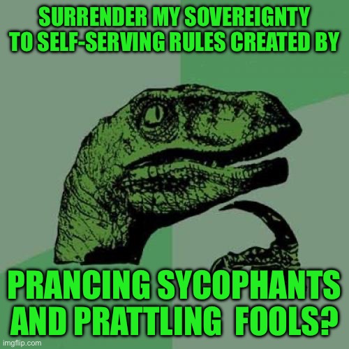 Philosoraptor Meme | SURRENDER MY SOVEREIGNTY TO SELF-SERVING RULES CREATED BY; PRANCING SYCOPHANTS AND PRATTLING  FOOLS? | image tagged in memes,philosoraptor | made w/ Imgflip meme maker