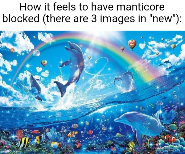 Happy dolphin rainbow | How it feels to have manticore blocked (there are 3 images in "new"): | image tagged in happy dolphin rainbow | made w/ Imgflip meme maker