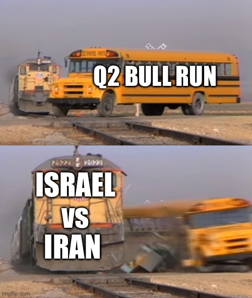 Q2 Bull run cancelled | Q2 BULL RUN; ISRAEL vs IRAN | image tagged in a train hitting a school bus | made w/ Imgflip meme maker