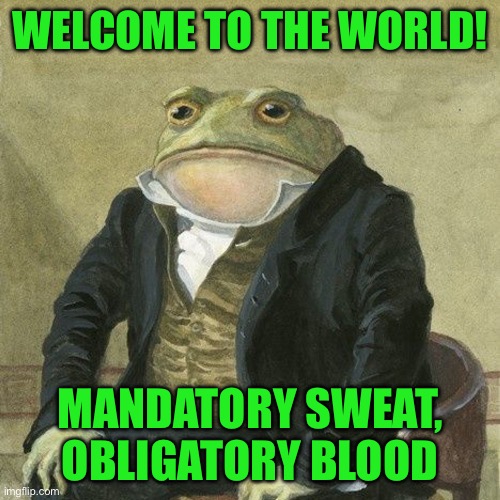 Gentlemen, it is with great pleasure to inform you that | WELCOME TO THE WORLD! MANDATORY SWEAT, OBLIGATORY BLOOD | image tagged in gentlemen it is with great pleasure to inform you that | made w/ Imgflip meme maker