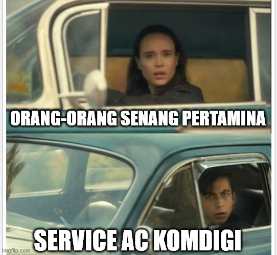 Pertamina v Komdigi | ORANG-ORANG SENANG PERTAMINA; SERVICE AC KOMDIGI | image tagged in umbrella academy car | made w/ Imgflip meme maker