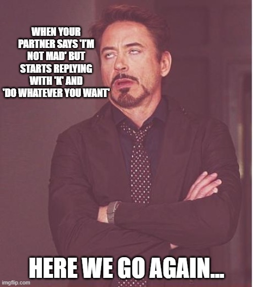 Face You Make Robert Downey Jr | WHEN YOUR PARTNER SAYS 'I’M NOT MAD' BUT STARTS REPLYING WITH 'K' AND 'DO WHATEVER YOU WANT'; HERE WE GO AGAIN... | image tagged in memes,face you make robert downey jr | made w/ Imgflip meme maker