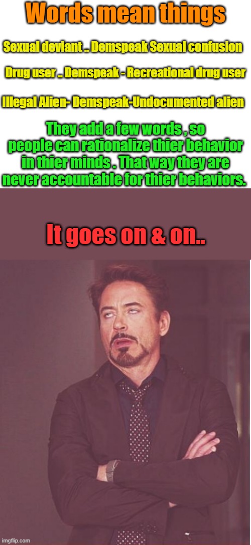 Hold um accountable for thier attacks on words.. DEM BABBLE | Words mean things; Sexual deviant .. Demspeak Sexual confusion; Drug user .. Demspeak - Recreational drug user; Illegal Alien- Demspeak-Undocumented alien; They add a few words , so people can rationalize thier behavior in thier minds . That way they are never accountable for thier behaviors. It goes on & on.. | image tagged in blank white template,memes,face you make robert downey jr | made w/ Imgflip meme maker