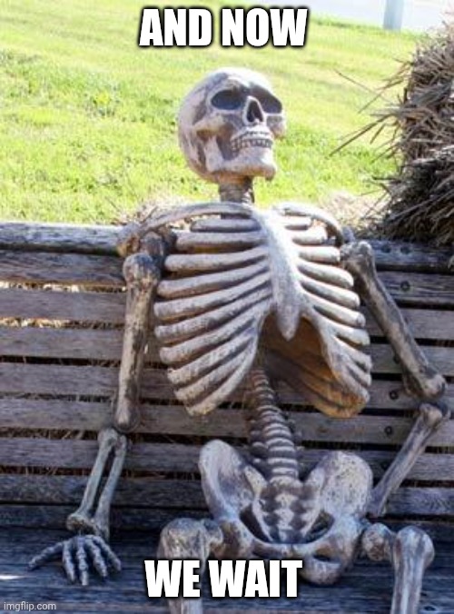 Waiting Skeleton | AND NOW; WE WAIT | image tagged in memes,waiting skeleton | made w/ Imgflip meme maker