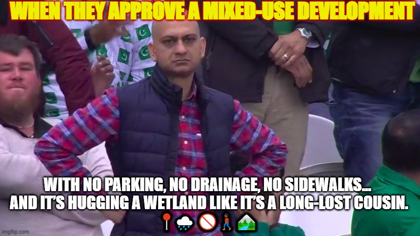 physical planning | WHEN THEY APPROVE A MIXED-USE DEVELOPMENT; WITH NO PARKING, NO DRAINAGE, NO SIDEWALKS... 
AND IT’S HUGGING A WETLAND LIKE IT’S A LONG-LOST COUSIN.
📍🌧️🚫🚶🏾‍♂️🏞️ | image tagged in disappointed muhammad sarim akhtar | made w/ Imgflip meme maker