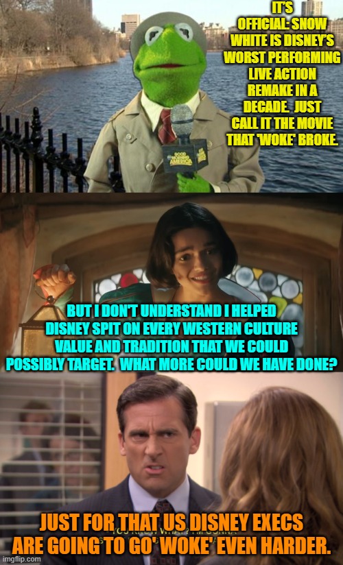 Leftists are single-handedly keeping the bogus psychiatric industry solvent. | IT’S OFFICIAL: SNOW WHITE IS DISNEY’S WORST PERFORMING LIVE ACTION REMAKE IN A DECADE.  JUST CALL IT THE MOVIE THAT 'WOKE' BROKE. BUT I DON'T UNDERSTAND I HELPED DISNEY SPIT ON EVERY WESTERN CULTURE VALUE AND TRADITION THAT WE COULD POSSIBLY TARGET.  WHAT MORE COULD WE HAVE DONE? JUST FOR THAT US DISNEY EXECS ARE GOING TO GO' WOKE' EVEN HARDER. | image tagged in kermit news report | made w/ Imgflip meme maker