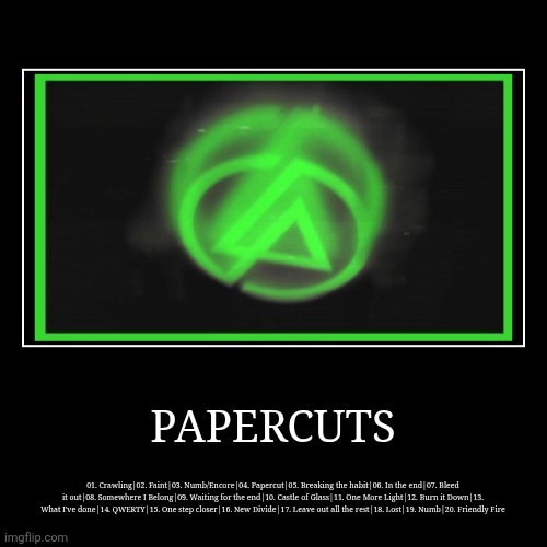 Papercuts Singles Collection | PAPERCUTS | 01. Crawling|02. Faint|03. Numb/Encore|04. Papercut|05. Breaking the habit|06. In the end|07. Bleed it out|08. Somewhere I Belon | image tagged in funny,demotivationals,linkin park | made w/ Imgflip demotivational maker