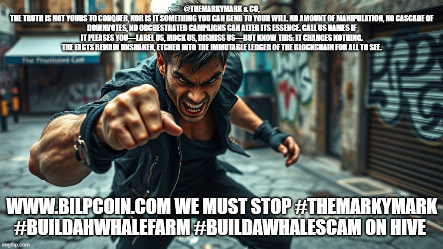 @THEMARKYMARK & CO, 
THE TRUTH IS NOT YOURS TO CONQUER, NOR IS IT SOMETHING YOU CAN BEND TO YOUR WILL. NO AMOUNT OF MANIPULATION, NO CASCADE OF DOWNVOTES, NO ORCHESTRATED CAMPAIGNS CAN ALTER ITS ESSENCE. CALL US NAMES IF IT PLEASES YOU—LABEL US, MOCK US, DISMISS US—BUT KNOW THIS: IT CHANGES NOTHING. THE FACTS REMAIN UNSHAKEN, ETCHED INTO THE IMMUTABLE LEDGER OF THE BLOCKCHAIN FOR ALL TO SEE. WWW.BILPCOIN.COM WE MUST STOP #THEMARKYMARK #BUILDAHWHALEFARM #BUILDAWHALESCAM ON HIVE | made w/ Imgflip meme maker