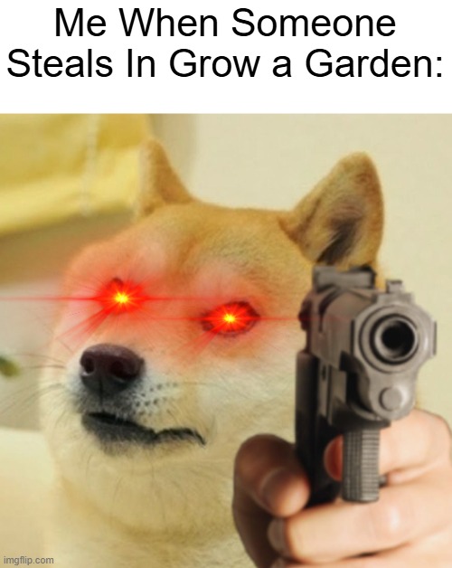 srry if its bland | Me When Someone Steals In Grow a Garden: | image tagged in doge holding gun with laser eye | made w/ Imgflip meme maker