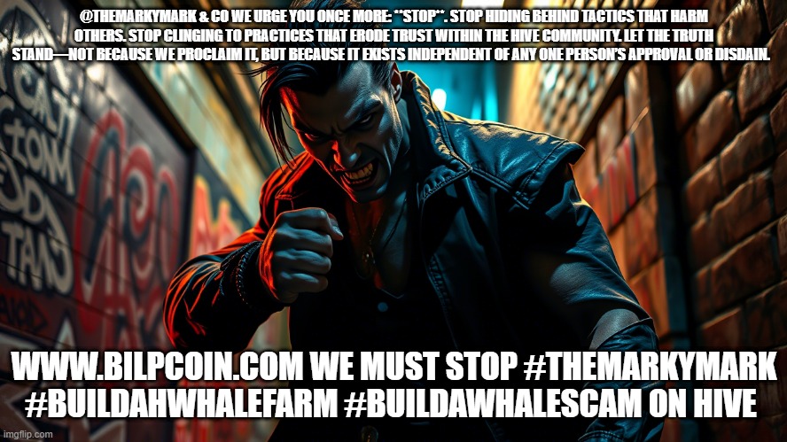 @THEMARKYMARK & CO WE URGE YOU ONCE MORE: **STOP**. STOP HIDING BEHIND TACTICS THAT HARM OTHERS. STOP CLINGING TO PRACTICES THAT ERODE TRUST WITHIN THE HIVE COMMUNITY. LET THE TRUTH STAND—NOT BECAUSE WE PROCLAIM IT, BUT BECAUSE IT EXISTS INDEPENDENT OF ANY ONE PERSON’S APPROVAL OR DISDAIN. WWW.BILPCOIN.COM WE MUST STOP #THEMARKYMARK #BUILDAHWHALEFARM #BUILDAWHALESCAM ON HIVE | made w/ Imgflip meme maker