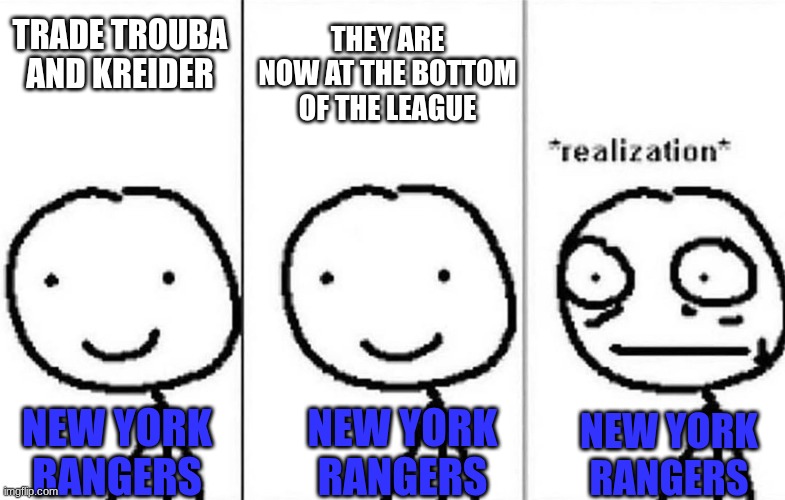 NHL Memes | THEY ARE NOW AT THE BOTTOM OF THE LEAGUE; TRADE TROUBA AND KREIDER; NEW YORK RANGERS; NEW YORK RANGERS; NEW YORK RANGERS | image tagged in realization | made w/ Imgflip meme maker