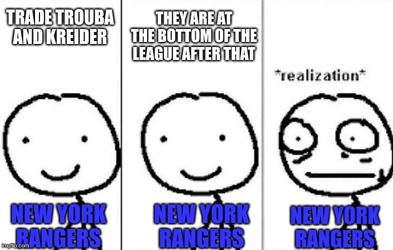 Realization | THEY ARE AT THE BOTTOM OF THE LEAGUE AFTER THAT; TRADE TROUBA AND KREIDER; NEW YORK RANGERS; NEW YORK RANGERS; NEW YORK RANGERS | image tagged in realization | made w/ Imgflip meme maker