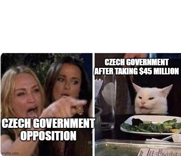 Angry Woman and Cat | CZECH GOVERNMENT AFTER TAKING $45 MILLION; CZECH GOVERNMENT OPPOSITION | image tagged in angry woman and cat | made w/ Imgflip meme maker