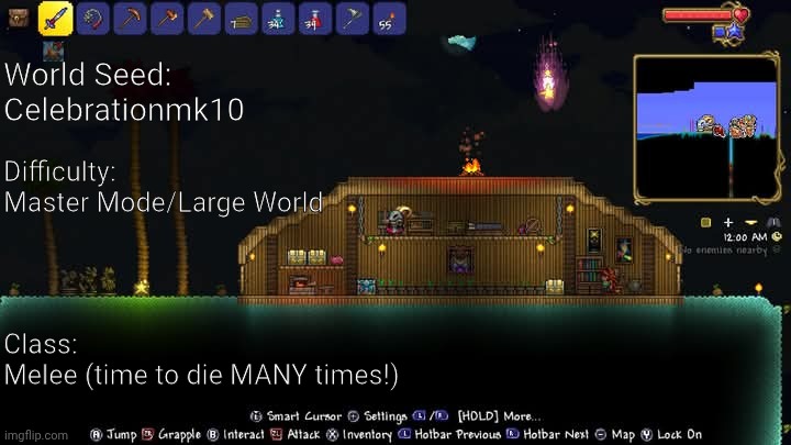Playing on my Terraria 14th Anniversary world! | World Seed:
Celebrationmk10; Difficulty:
Master Mode/Large World; Class:
Melee (time to die MANY times!) | image tagged in terraria,master mode,gaming,video games,nintendo switch,screenshot | made w/ Imgflip meme maker