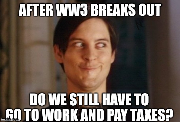 WW3 | AFTER WW3 BREAKS OUT; DO WE STILL HAVE TO GO TO WORK AND PAY TAXES? | image tagged in tobey maguire/peter parker smirk | made w/ Imgflip meme maker