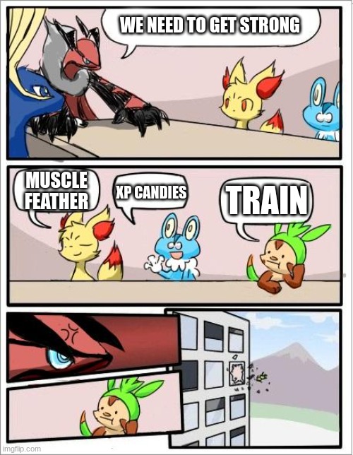real | WE NEED TO GET STRONG; XP CANDIES; TRAIN; MUSCLE FEATHER | image tagged in pokemon board meeting,train | made w/ Imgflip meme maker