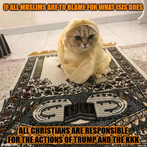 This #lolcat wonders why hoo-mans blame entire groups for the actions of extremists within that group | IF ALL MUSLIMS ARE TO BLAME FOR WHAT ISIS DOES; ALL CHRISTIANS ARE RESPONSIBLE FOR THE ACTIONS OF TRUMP AND THE KKK | image tagged in extremism,isis,muslims,christianity,conservative hypocrisy,lolcat | made w/ Imgflip meme maker