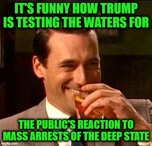 And There's Nothing They can do About It | IT'S FUNNY HOW TRUMP IS TESTING THE WATERS FOR; THE PUBLIC'S REACTION TO MASS ARRESTS OF THE DEEP STATE | image tagged in man with drink laughing | made w/ Imgflip meme maker