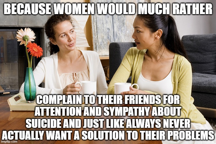 Women Talking Over Coffee | BECAUSE WOMEN WOULD MUCH RATHER COMPLAIN TO THEIR FRIENDS FOR ATTENTION AND SYMPATHY ABOUT SUICIDE AND JUST LIKE ALWAYS NEVER ACTUALLY WANT  | image tagged in women talking over coffee | made w/ Imgflip meme maker