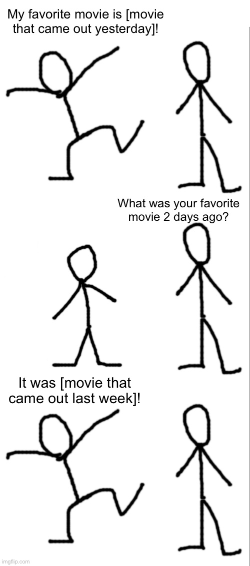 My favorite movie is [movie
that came out yesterday]! What was your favorite
movie 2 days ago? It was [movie that came out last week]! | made w/ Imgflip meme maker