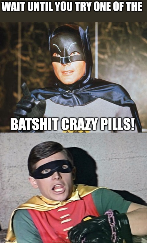 WAIT UNTIL YOU TRY ONE OF THE BATSHIT CRAZY PILLS! | image tagged in batman-adam west,batman robin holy burt ward | made w/ Imgflip meme maker