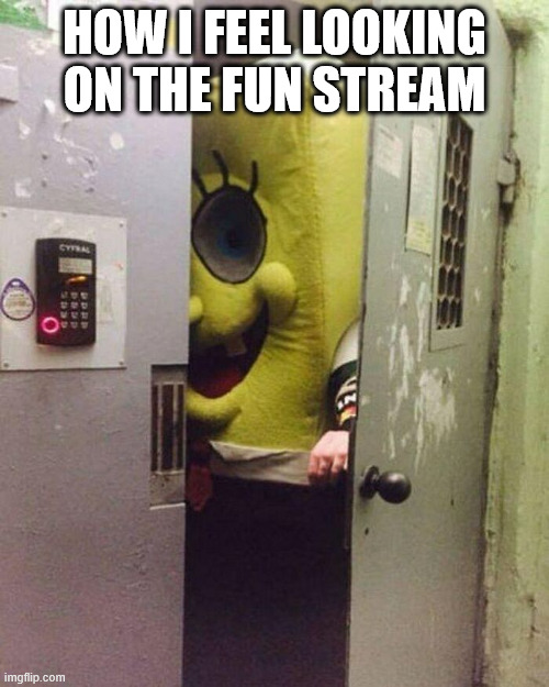 spongebob memes are everywhere | HOW I FEEL LOOKING ON THE FUN STREAM | image tagged in fr | made w/ Imgflip meme maker