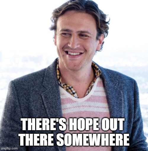 Jason Jordan Segel | THERE'S HOPE OUT 
THERE SOMEWHERE | image tagged in jason jordan segel | made w/ Imgflip meme maker
