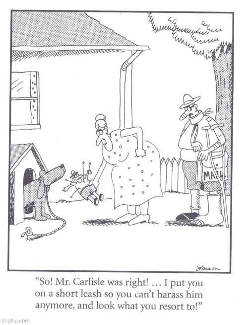 The Far Side | image tagged in comics,the far side,mailman,dog,voodoo doll | made w/ Imgflip meme maker