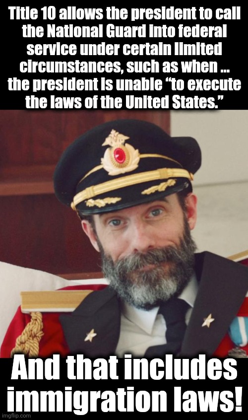 The president has the authority, by law, to call the National Guard into federal service | Title 10 allows the president to call
the National Guard into federal
service under certain limited
circumstances, such as when ...
the president is unable “to execute
the laws of the United States.”; And that includes
immigration laws! | image tagged in captain obvious,memes,national guard,title 10,trump derangement syndrome,democrats | made w/ Imgflip meme maker