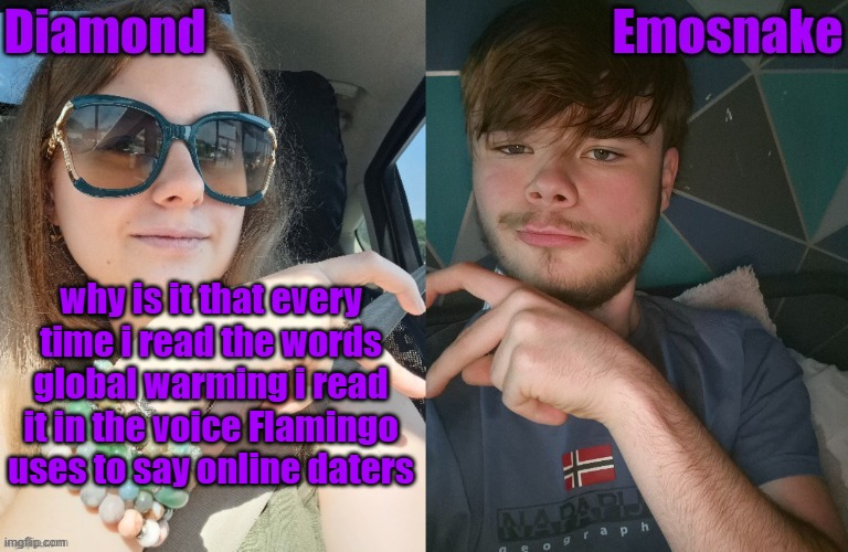 Diamond and ES shared couple temp | why is it that every time i read the words global warming i read it in the voice Flamingo uses to say online daters | image tagged in diamond and es shared couple temp | made w/ Imgflip meme maker
