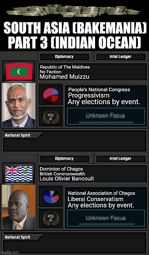 SOUTH ASIA (BAKEMANIA); PART 3 (INDIAN OCEAN); Republic of The Maldives; No Faction; Mohamed Muizzu; People's National Congress; Progressivism; Any elections by event. Dominion of Chagos; British Commonwealth; Louis Olivier Bancoult; National Association of Chagos; Liberal Conservatism; Any elections by event. | image tagged in memes,indian,ocean | made w/ Imgflip meme maker