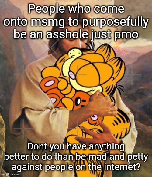 Jesus and Garfield | People who come onto msmg to purposefully be an asshole just pmo; Dont you have anything better to do than be mad and petty against people on the internet? | image tagged in jesus and garfield | made w/ Imgflip meme maker