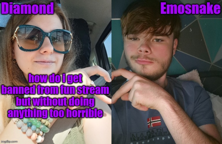 Diamond and ES shared couple temp | how do i get banned from fun stream but without doing anything too horrible | image tagged in diamond and es shared couple temp | made w/ Imgflip meme maker