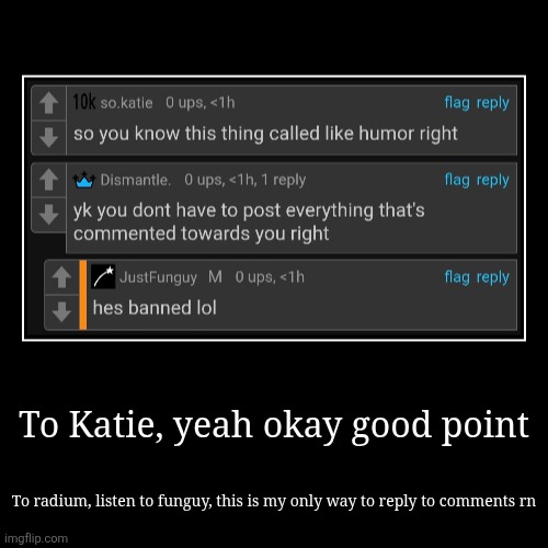 To Katie, yeah okay good point | To radium, listen to funguy, this is my only way to reply to comments rn | image tagged in funny,demotivationals | made w/ Imgflip demotivational maker