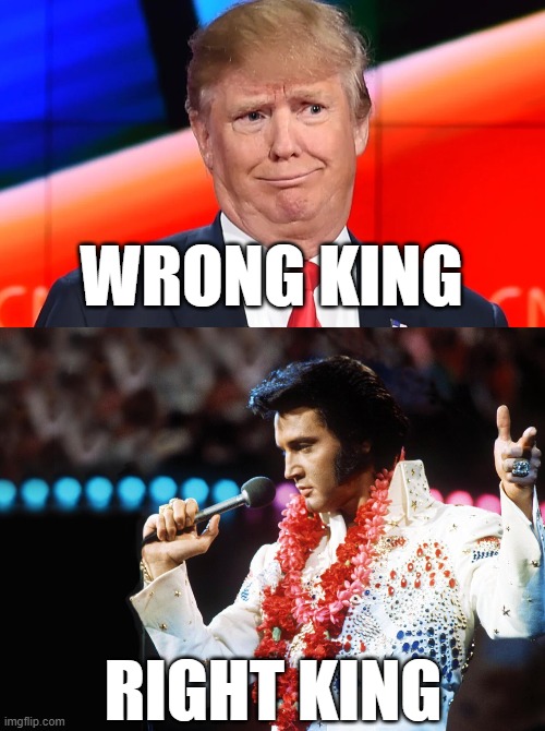 Trump vs Elvis | WRONG KING; RIGHT KING | image tagged in donald trump,elvis presley,bad king | made w/ Imgflip meme maker