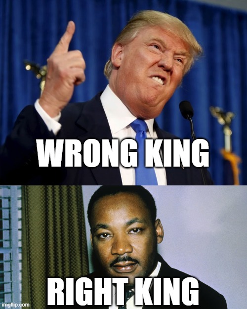 Trump vs King Jr | WRONG KING; RIGHT KING | image tagged in trump,mlk,wrong king | made w/ Imgflip meme maker