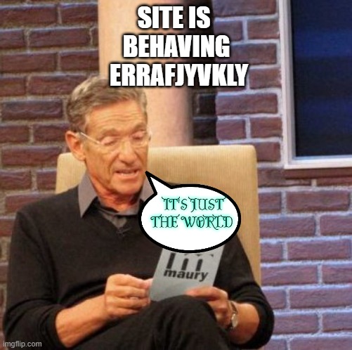 Resuming... and hopefully things do not get more bizarrE DOT DOT DOT | SITE IS 
BEHAVING
 ERRAFJYVKLY; IT'S JUST THE WORLD | image tagged in memes,maury lie detector | made w/ Imgflip meme maker