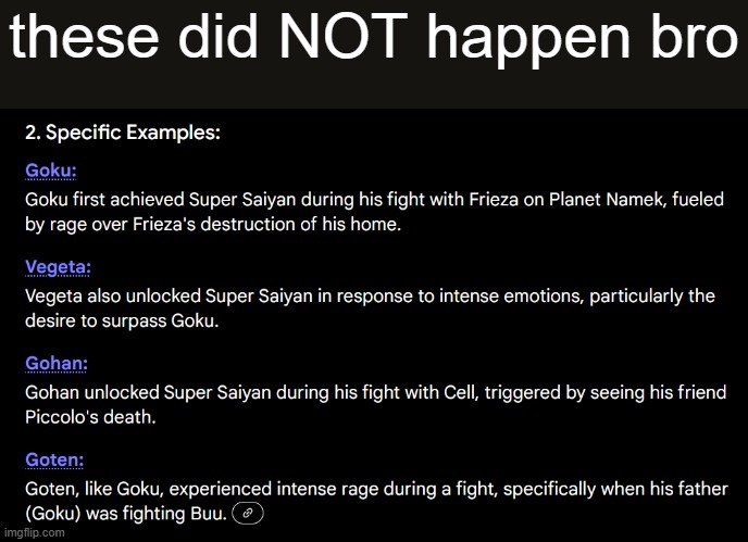 vegeta is the only correct one | these did NOT happen bro | image tagged in google search,anime,dbz,incorrect,goku,gohan | made w/ Imgflip meme maker