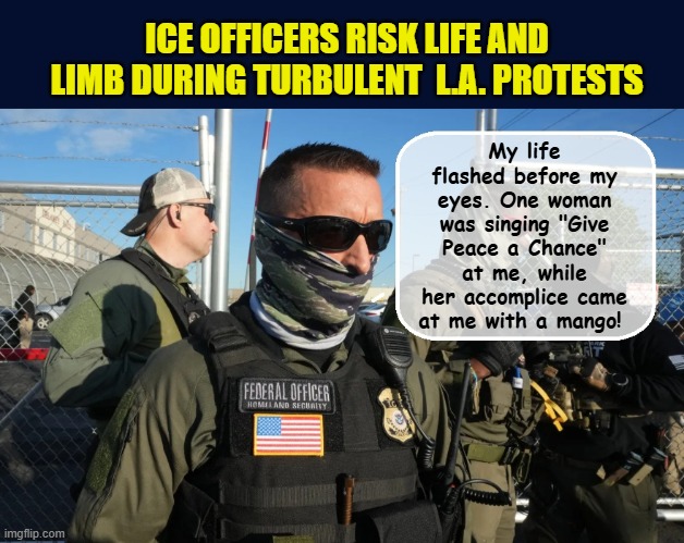 Thank God Trump called in the Marines... | ICE OFFICERS RISK LIFE AND LIMB DURING TURBULENT  L.A. PROTESTS; My life flashed before my eyes. One woman was singing "Give Peace a Chance" at me, while her accomplice came at me with a mango! | image tagged in impeach trump,donald trump memes,government corruption,trump is a moron,protest | made w/ Imgflip meme maker