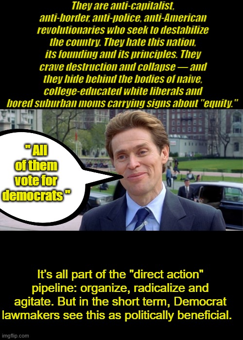 College BRAINWASHED | They are anti-capitalist, anti-border, anti-police, anti-American revolutionaries who seek to destabilize the country. They hate this nation, its founding and its principles. They crave destruction and collapse — and they hide behind the bodies of naive, college-educated white liberals and bored suburban moms carrying signs about "equity."; " All of them vote for democrats "; It’s all part of the "direct action" pipeline: organize, radicalize and agitate. But in the short term, Democrat lawmakers see this as politically beneficial. | image tagged in you know i'm something of a scientist myself | made w/ Imgflip meme maker