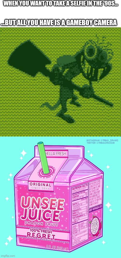 The quality looks terrifying! | WHEN YOU WANT TO TAKE A SELFIE IN THE '90S... ...BUT ALL YOU HAVE IS A GAMEBOY CAMERA | image tagged in unsee juice,ren and stimpy,gameboy,1990s | made w/ Imgflip meme maker