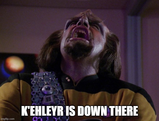 Klingon Love | K'EHLEYR IS DOWN THERE | image tagged in worf screams | made w/ Imgflip meme maker